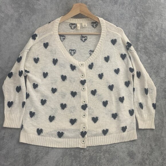 Moth Sweater Womens XS Heart Intarsia Cardigan Alpaca Blend Cream Black Knit - Picture 1 of 10